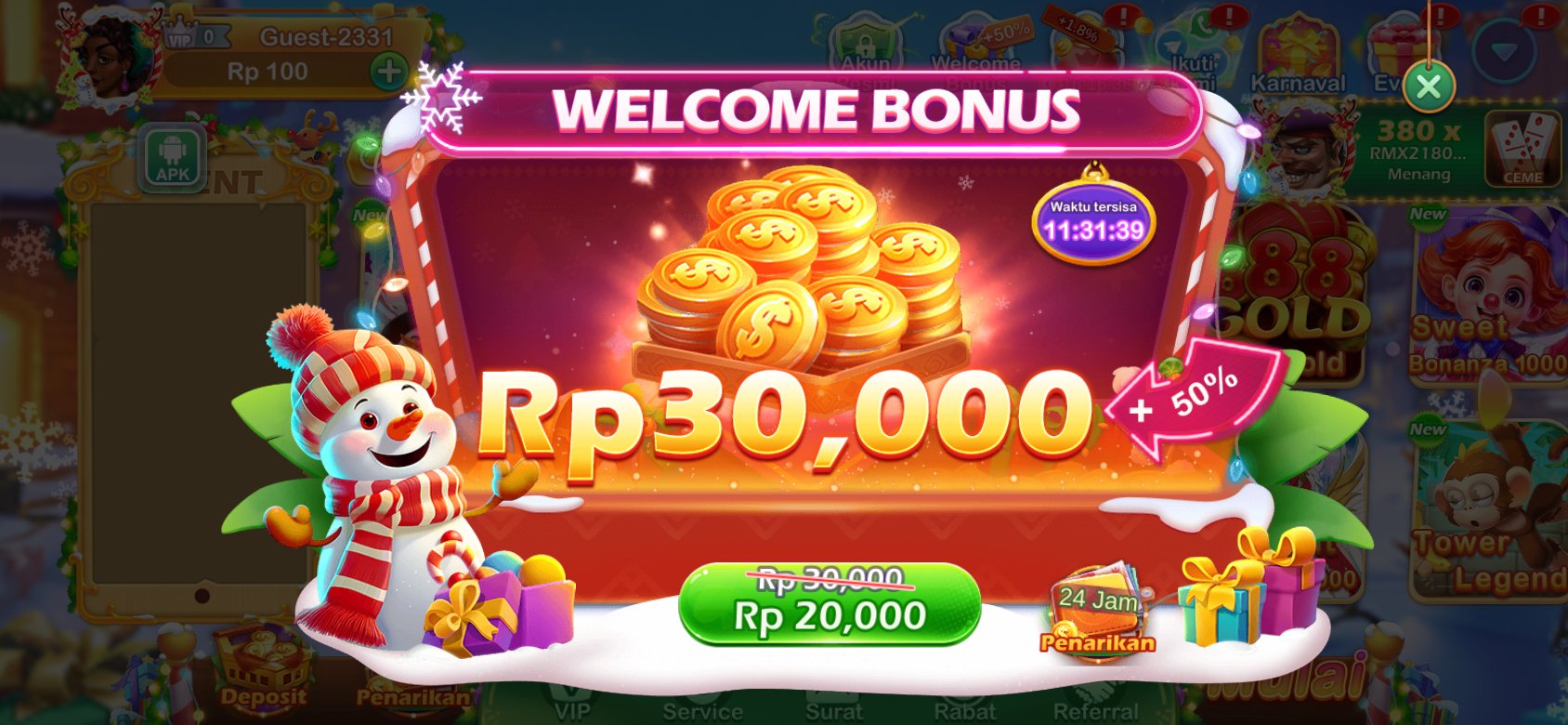 Nikmati bonus selamat datang hingga Rp30,000 di Menangbet88 APK dengan diskon spesial.