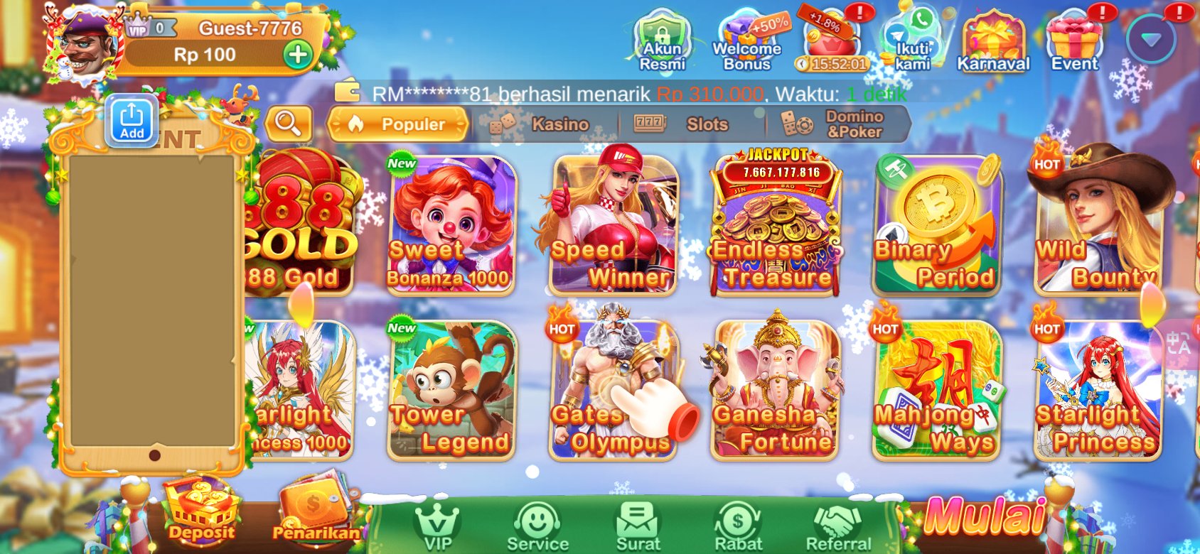 Permainan slot populer di Menangbet88 APK dengan jackpot besar.