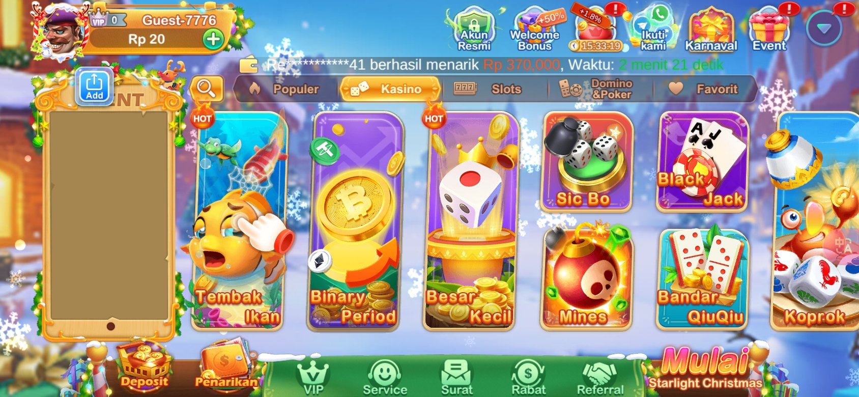 Pilihan permainan casino terbaik seperti Blackjack dan Sic Bo di Menangbet88 APK.